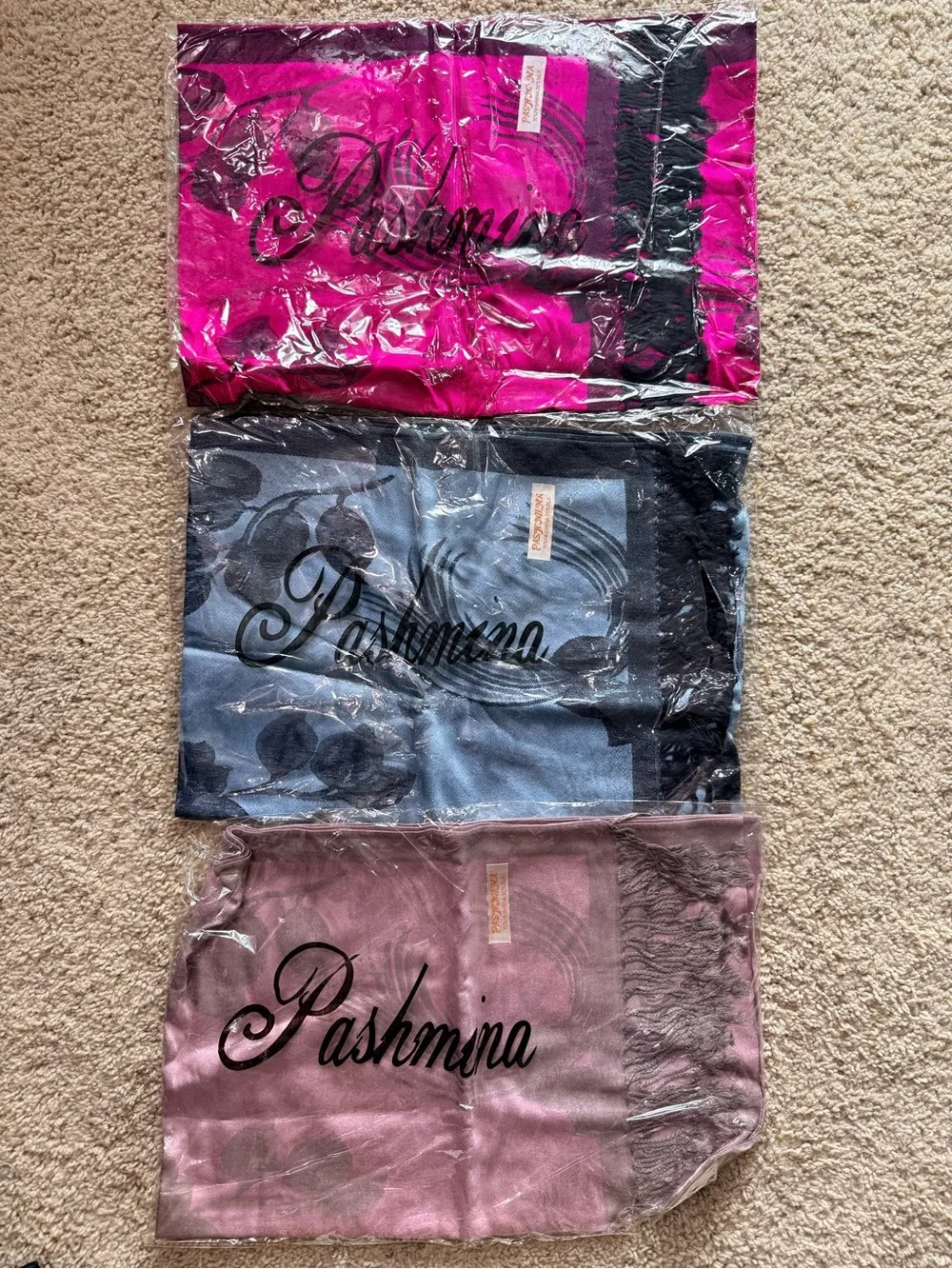 Lot of 3 NWT Pashmina Silk Blend Floral Fringe Scarves Assorted Colors